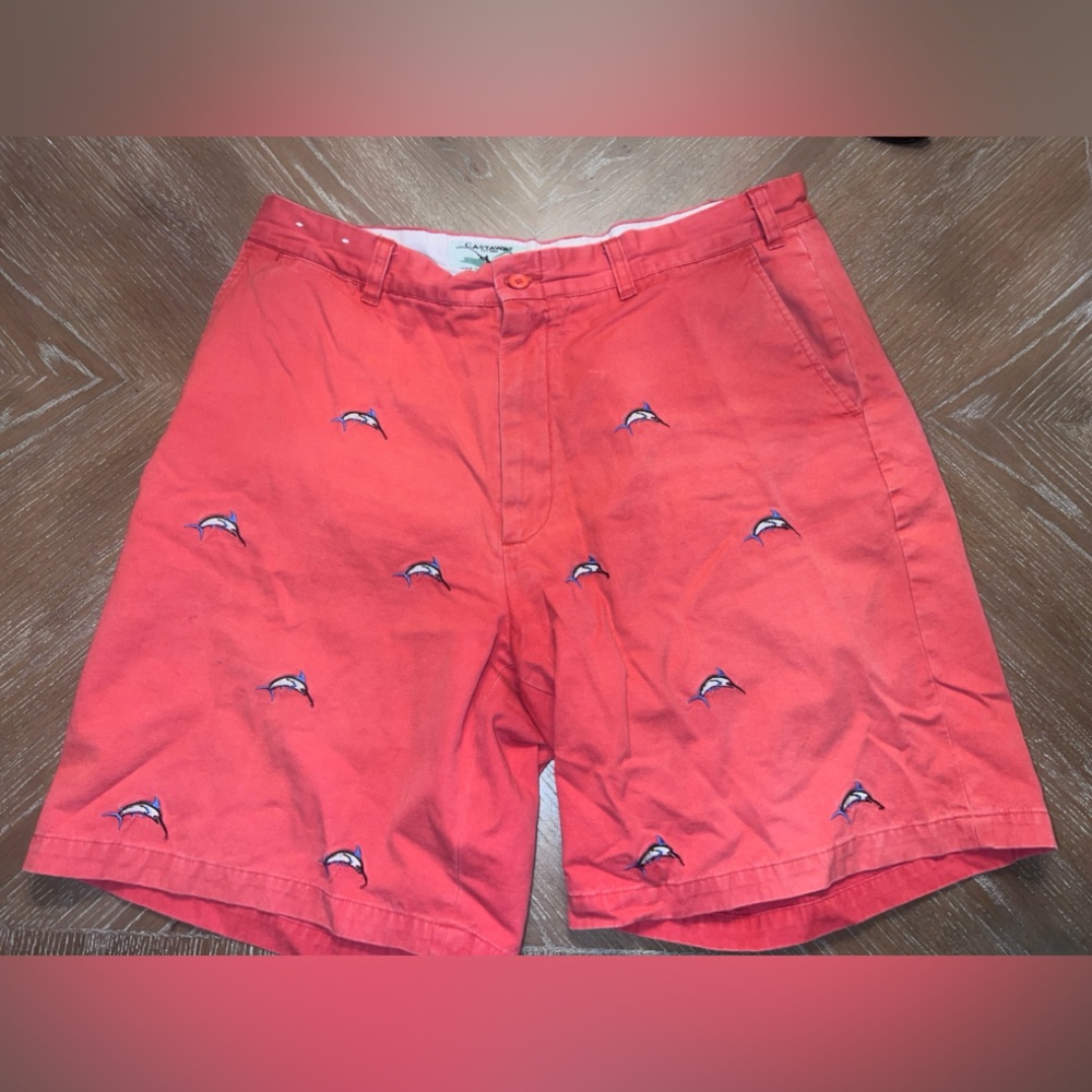 Castaway Nantucket Island Shorts Mens 36x 9 CoralFlat Front Embroidered Sailfish